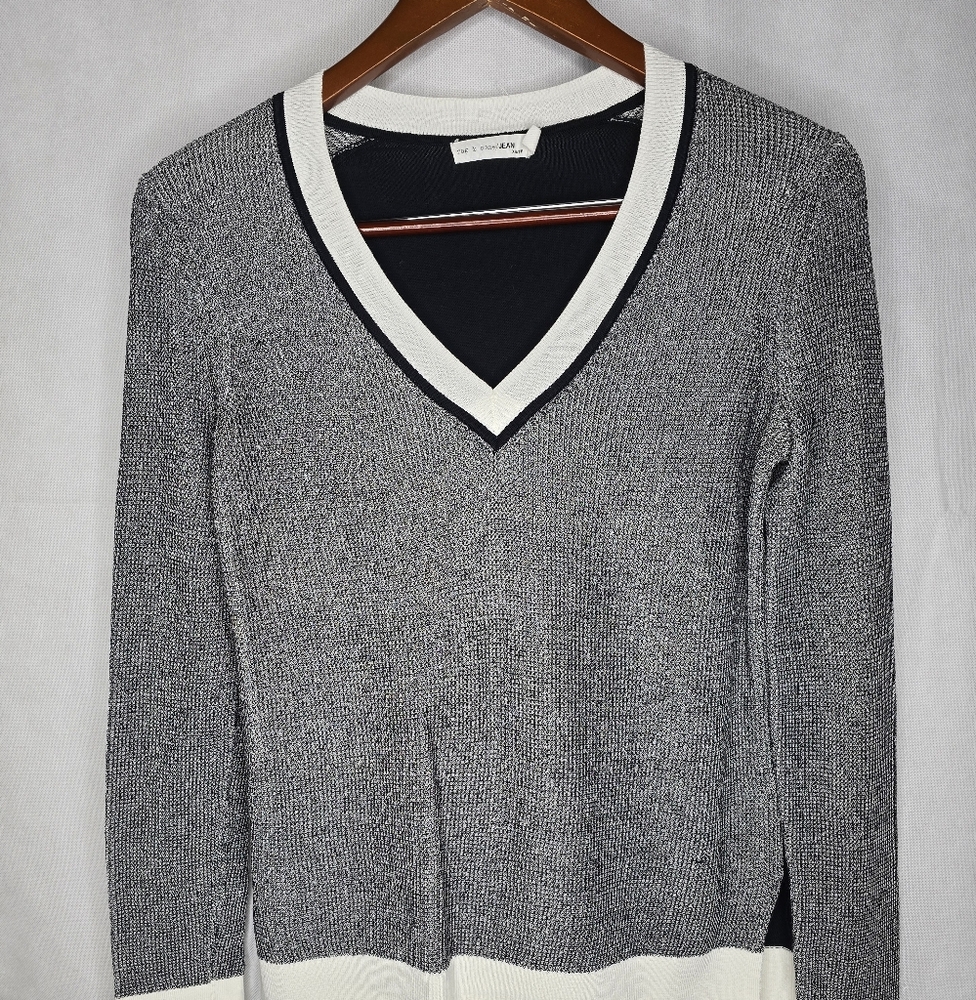Rag & Bone Top Black White Colorblock Knit Mixed Media V-neck Long Sleeve XS